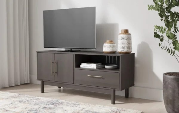 a gray wooden media console with a cabinet, drawer, and open storage compartment