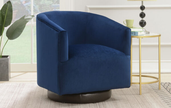 An accent chair in a bright blue color with an ergonomic design and a swivel base for family room office