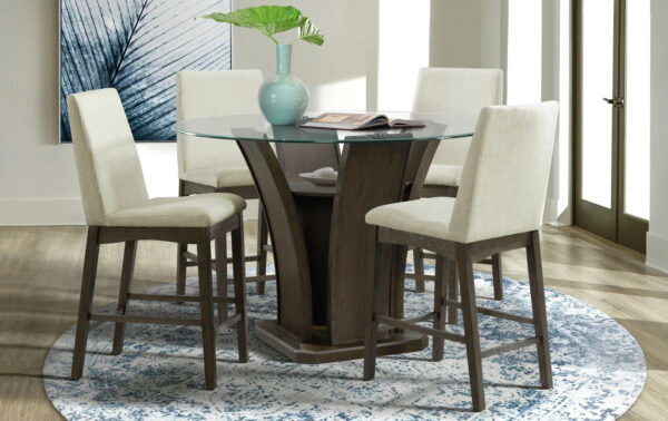 A modern and sophisticated wooden base dining table with a round transparent glass top that looks open and airy
