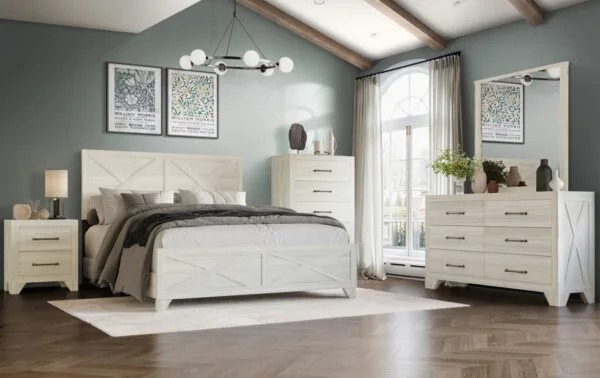 White wooden bedroom furniture rearranged for a flowy and airy room layout for the spring season