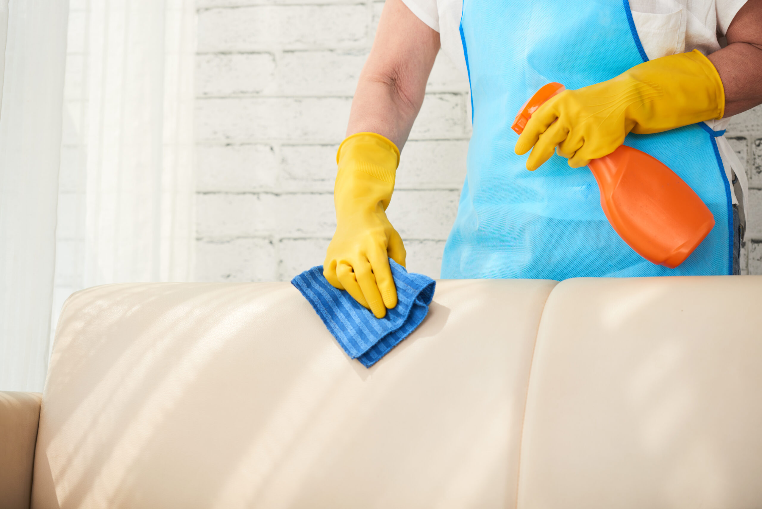 Spot treating stains on the sofa for spring furniture cleaning