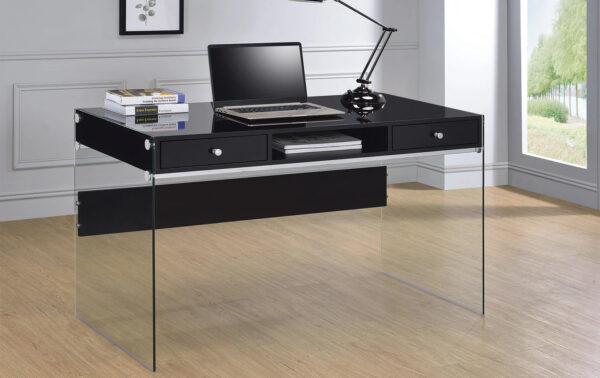 a sleek, contemporary glass and wood study desk for a stylish family room office combination space