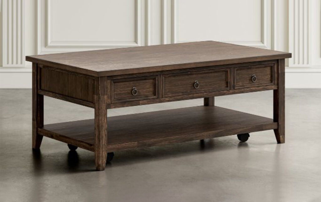 A multifunctional wooden coffee table with storage drawers and liftable top