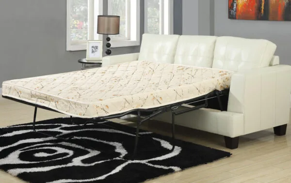 sleeper sofa with a pull-out mattress and supporting metal frame