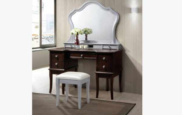 traditional two-tone makeup vanity with brown and white color