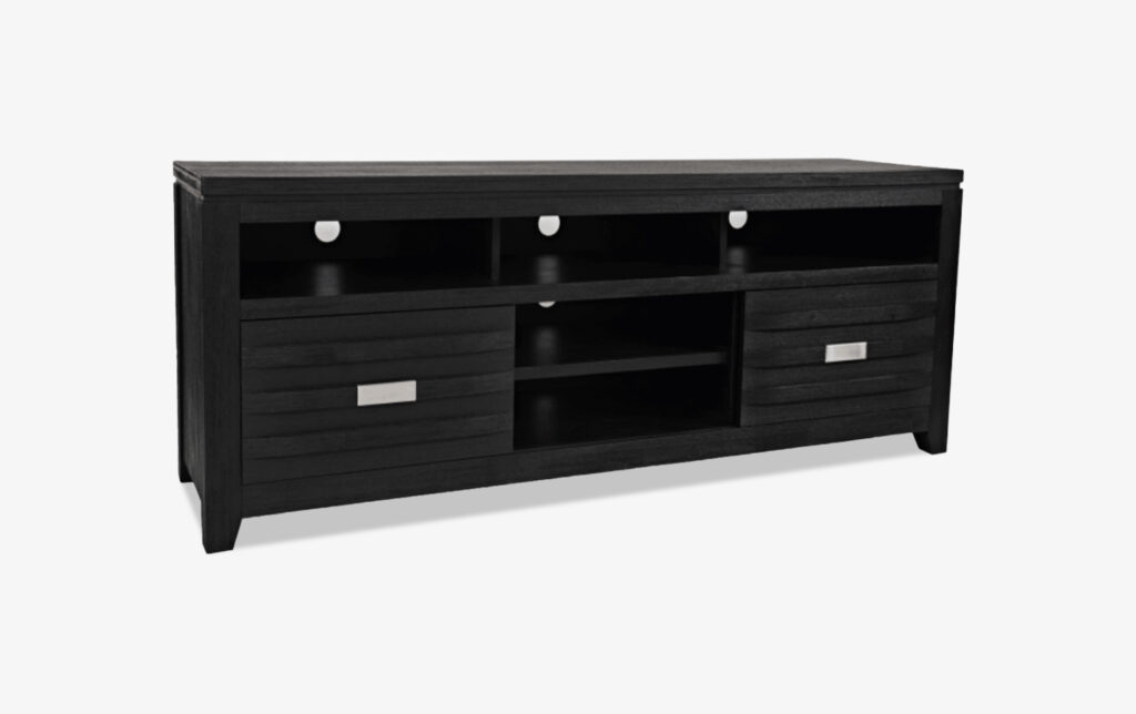 A low-profile black TV console with drawers and open cubbies