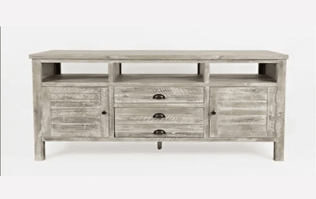 Rustic, gray wash TV stand with storage for media