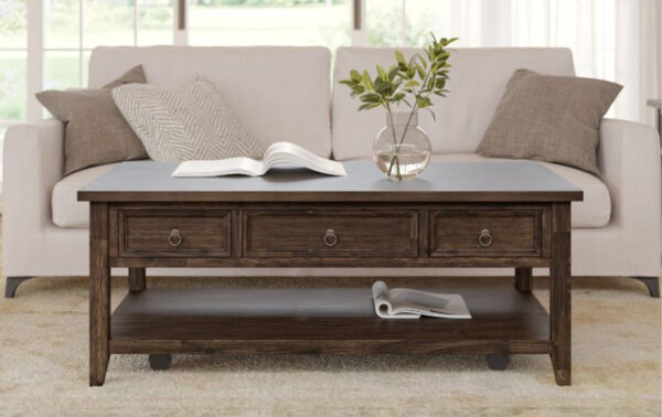 center table with deep brown, distressed finish and antique metal pulls