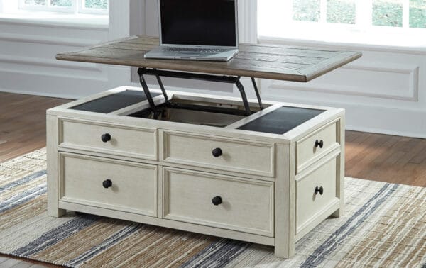 two-tone coffee table with lift-top and storage drawers