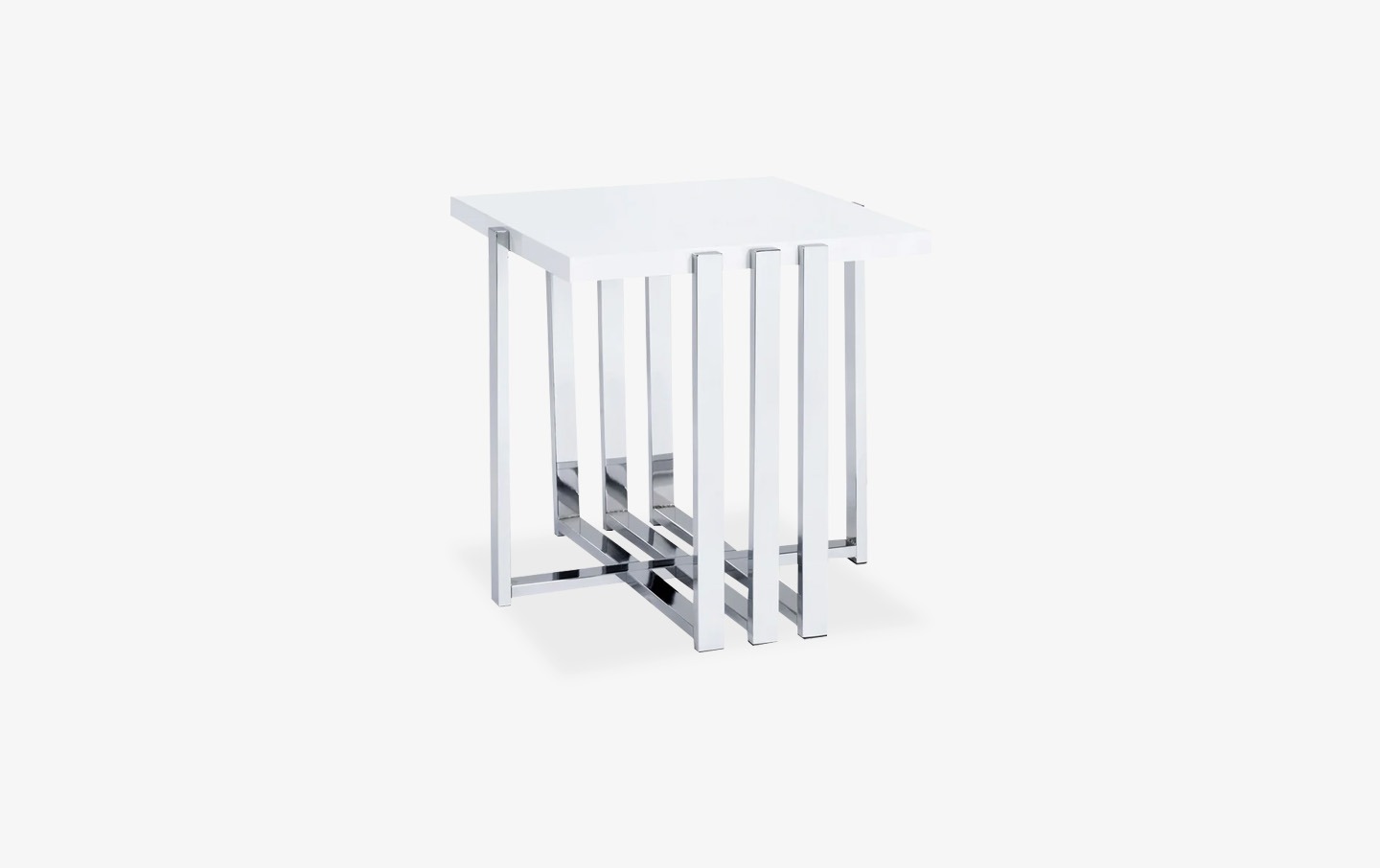 Contemporary end table with polished metal frame and sleek white top