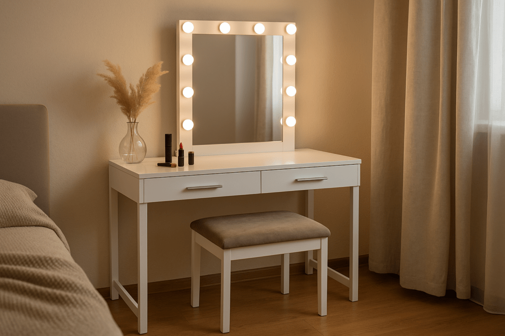 modern contemporary vanity set with lighted mirror and storage drawers