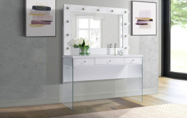 contemporary hollywood makeup vanity with glass body and bulb mirror