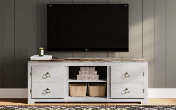 A low media console with soothing farmhouse and coastal vibe