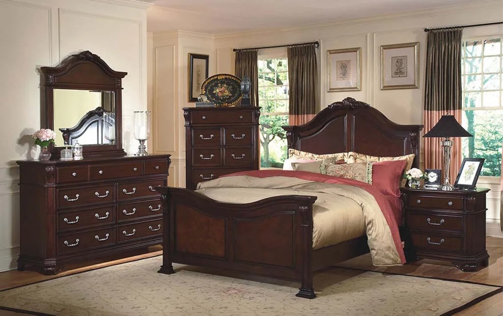 traditional style bedroom with darkwood furniture