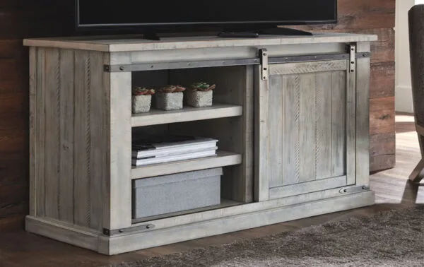 barn-style storage TV stand with smooth sliding door and wood plank design
