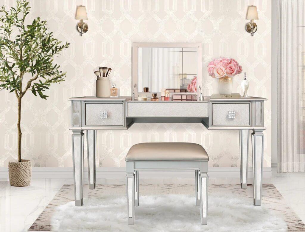 glamorous metallic vanity set with flip-top mirror and shiny faux leather stool