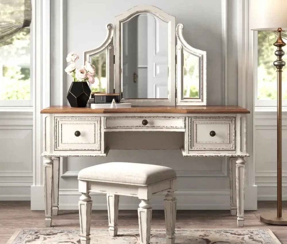 traditional style makeup vanity table with tri-fold mirror and a matching stool