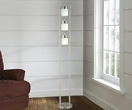 Tall metal floor lamp in a cozy reading nook
