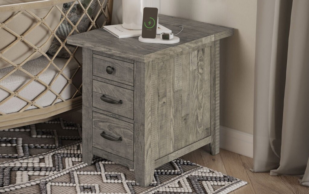 Compact storage end table in a cozy reading nook