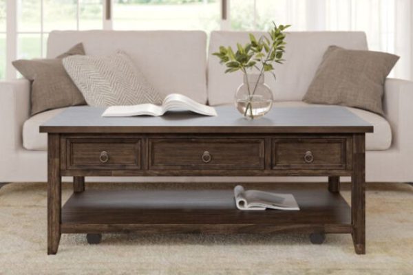 center table with deep brown, distressed finish and antique metal pulls