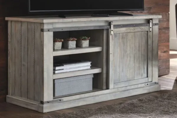 barn-style storage TV stand with smooth sliding door and wood plank design